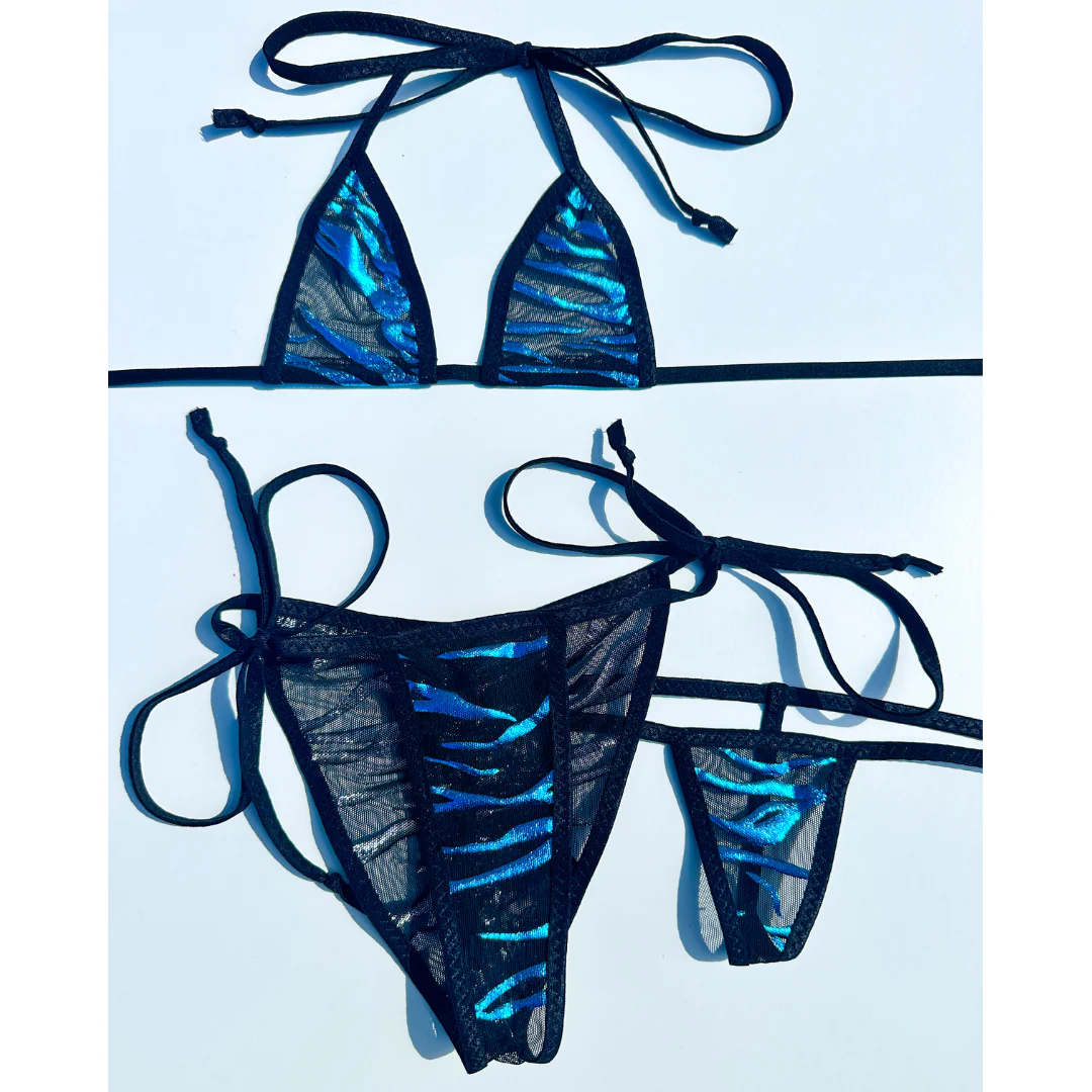 Aqua Blue Foil Zebra Stripes - Black - 3 piece Scrunch butt set - Completely See-through - Image 3