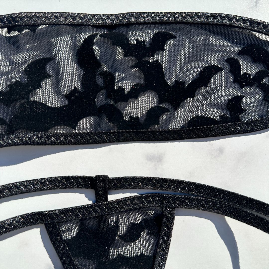 Black Bats Completely See Through - Black - Bandeau with Micro G-string Thong - Image 3