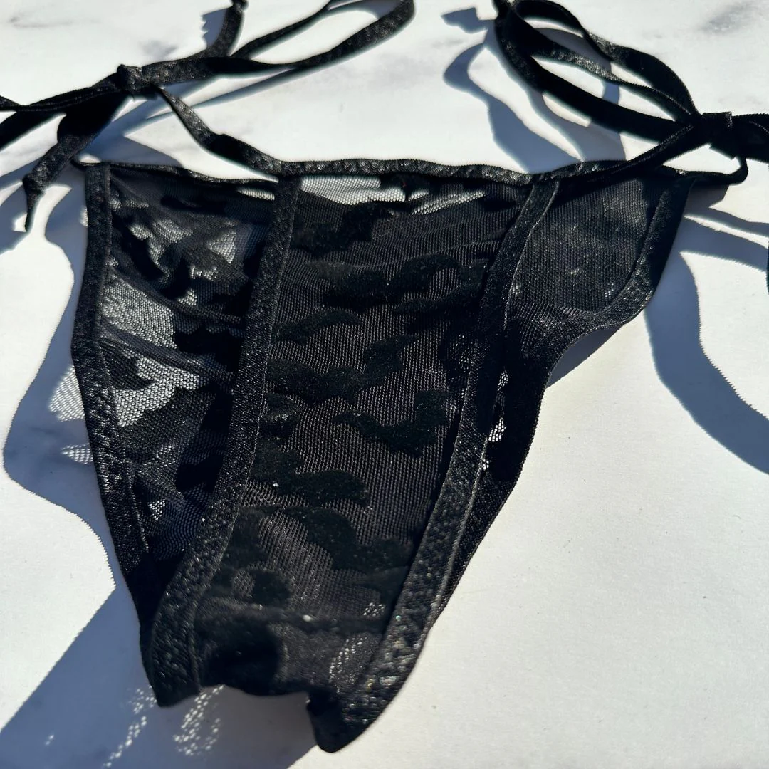 Black Bats Mesh Completely See Through - Black - Scrunch Butt Three Piece (Thong Included) - Image 4