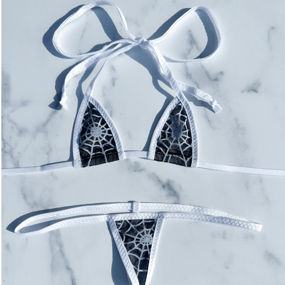 Black Mesh with White Spider web - White - Micro G-string Set Completely See Through