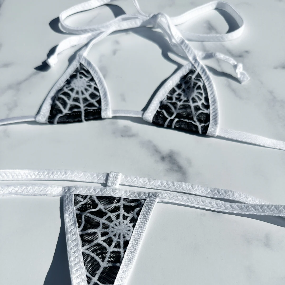 Black Mesh with White Spider web - White - Micro G-string Set Completely See Through - Image 7
