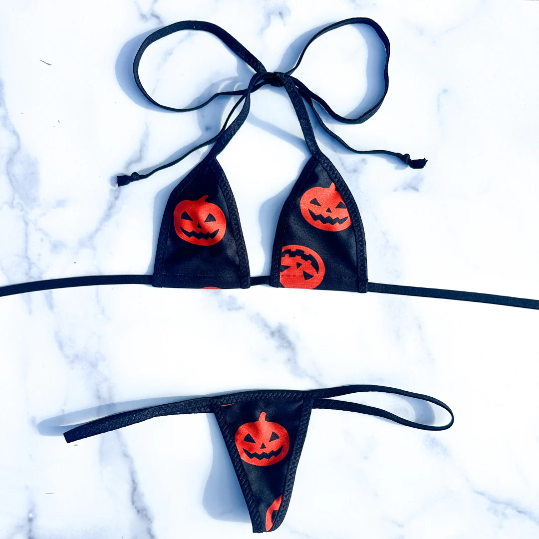 Black with Orange Pumpkins - Black - 3 piece scrunch butt set (Thong included) - Image 13
