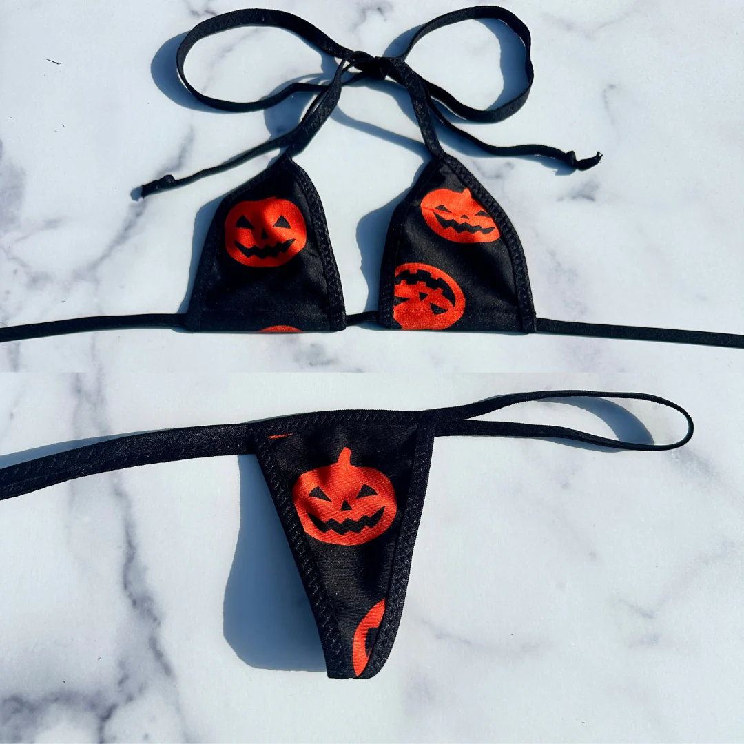 Black with Orange Pumpkins - Black - 3 piece scrunch butt set (Thong included) - Image 8