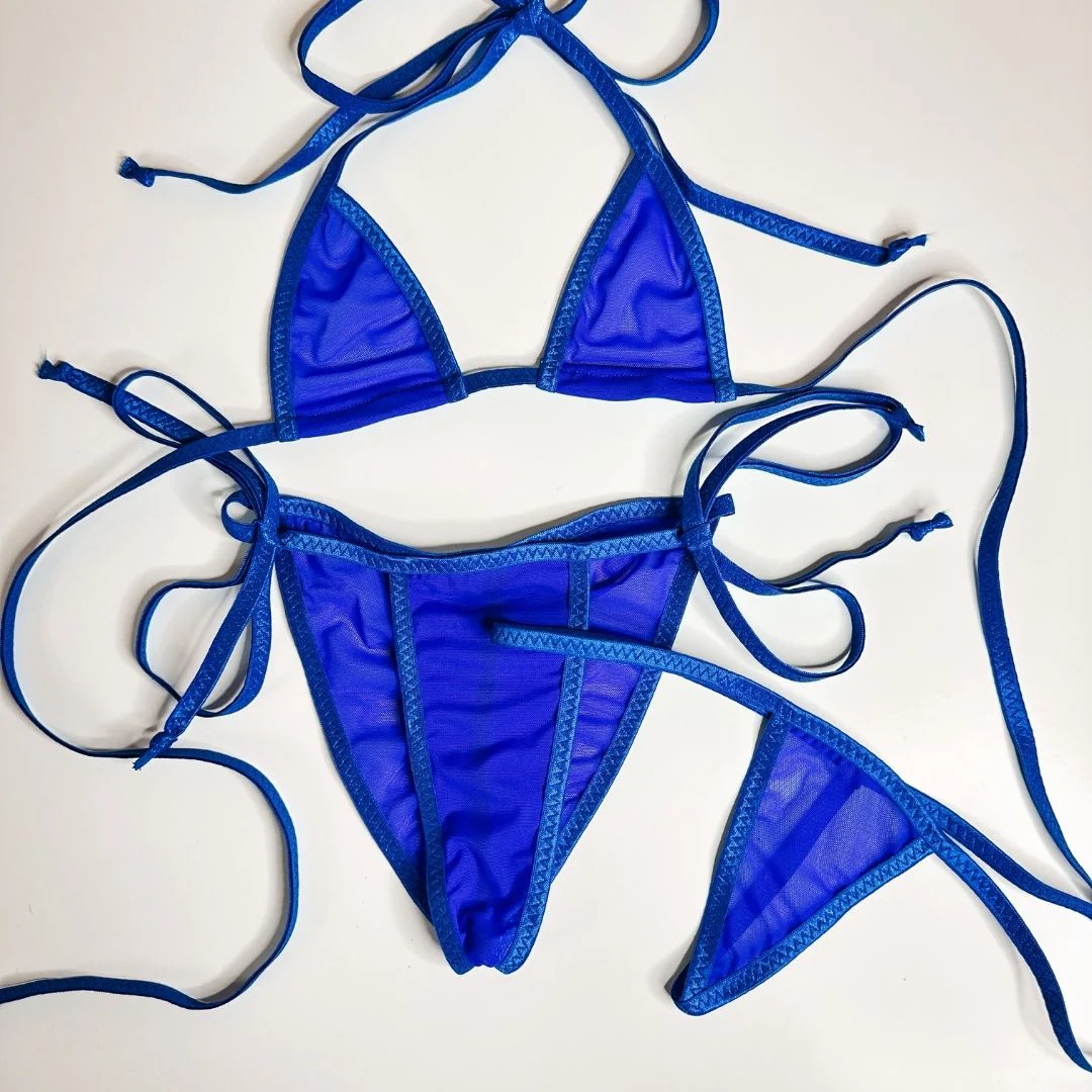 Electric Blue Mesh Completely See Through - Electric Blue - Scrunch Butt Three Piece (Thong Included)