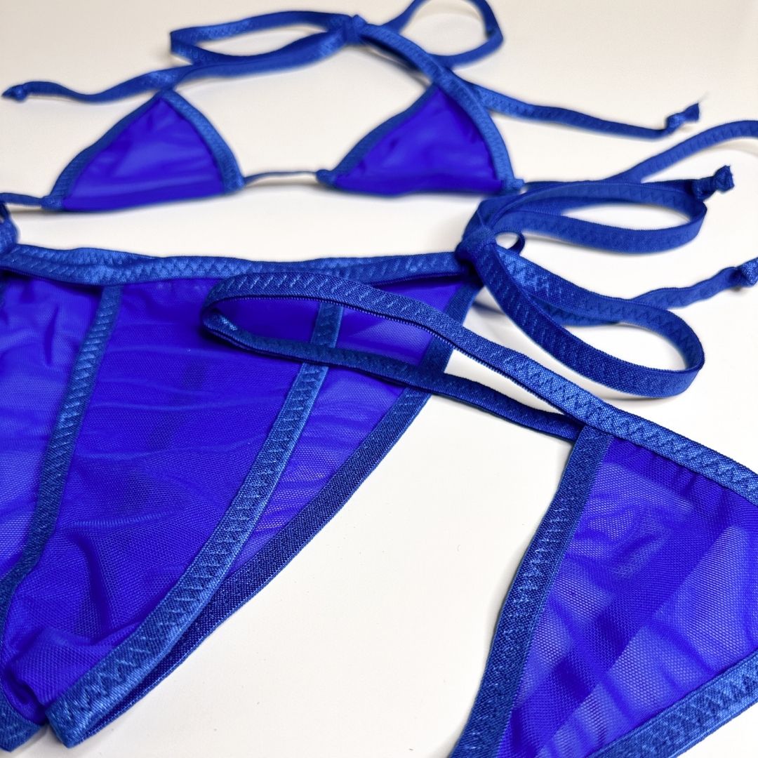 Electric Blue Mesh Completely See Through - Electric Blue - Scrunch Butt Three Piece (Thong Included) - Image 2