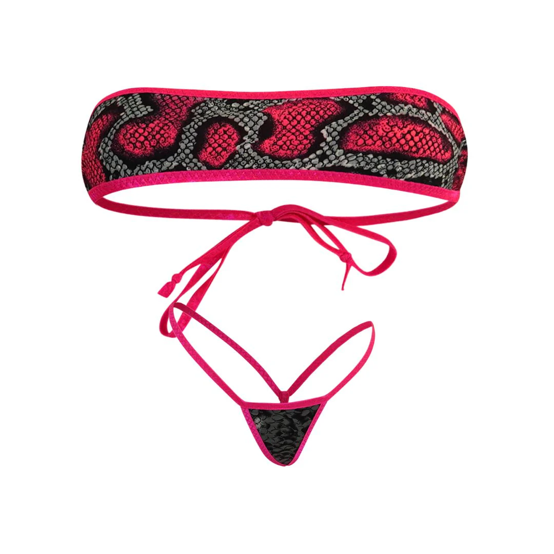 Grey and Pink Snakeskin GLOW IN BLACK LIGHT - Pink - Bandeau with Micro G-string Thong - Image 10