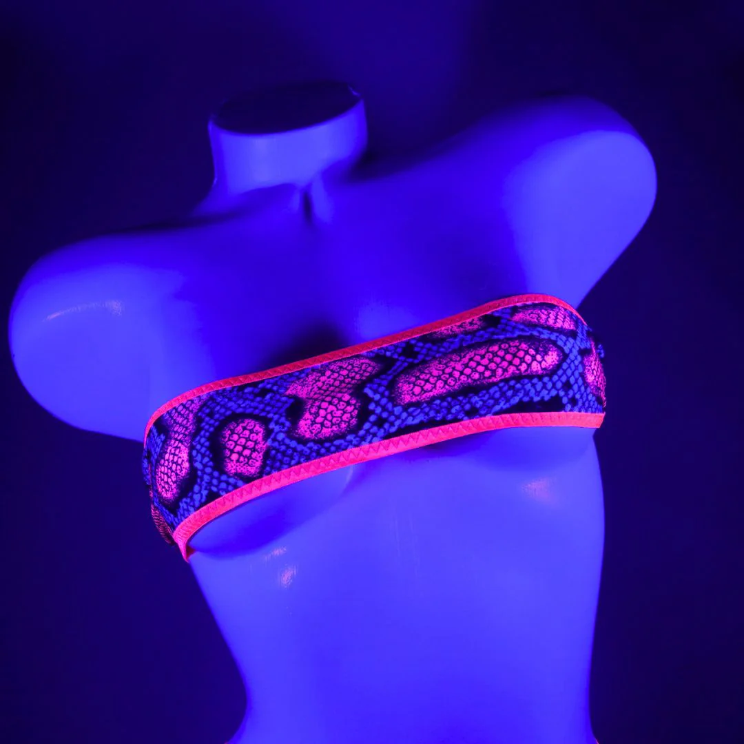 Grey and Pink Snakeskin GLOW IN BLACK LIGHT - Pink - Bandeau with Micro G-string Thong - Image 7
