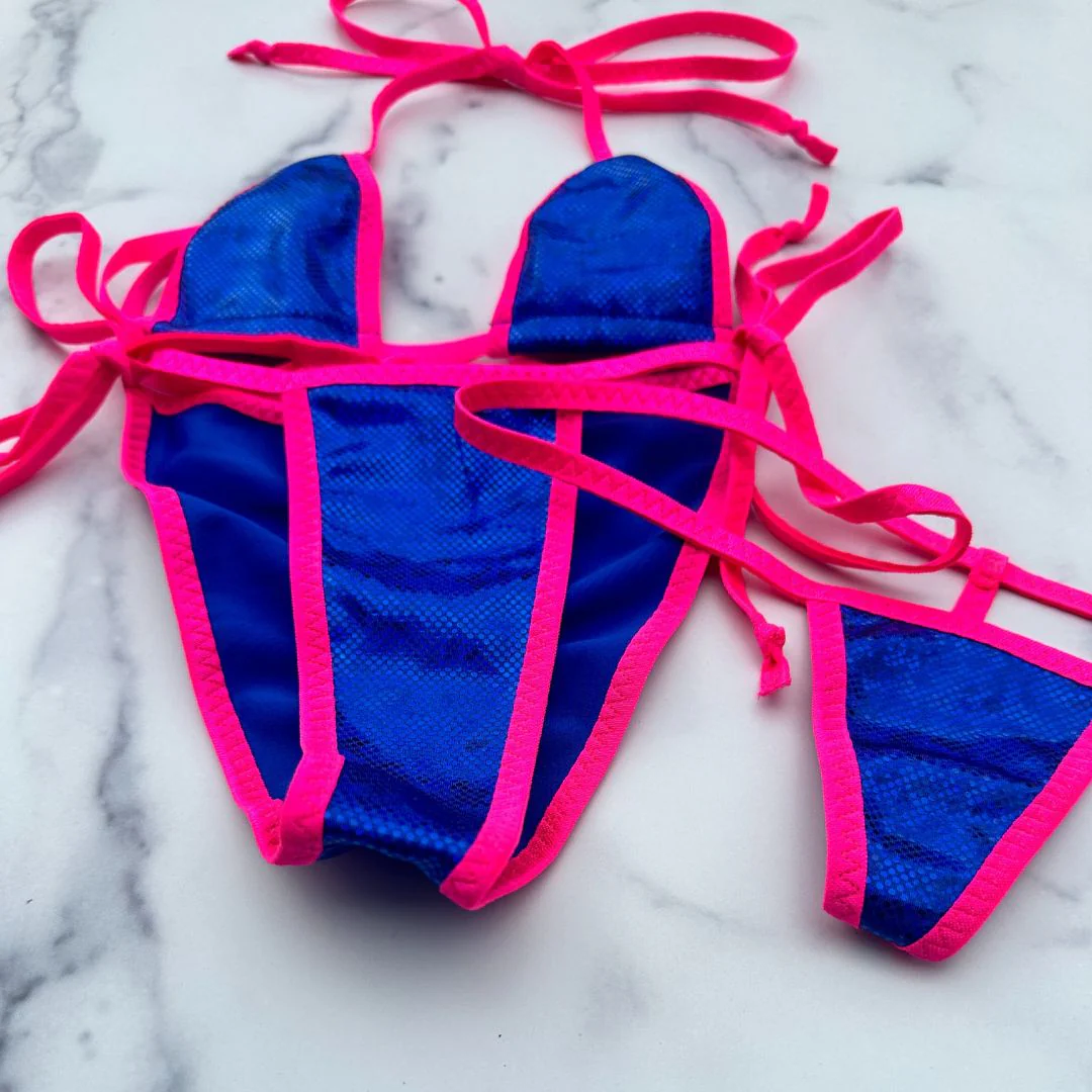 Holographic Electric Blue - Neon Pink - Scrunch Butt Three Piece (Thong Included) - Image 3