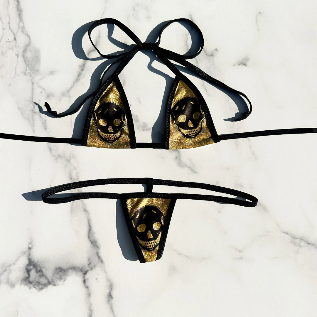 Holographic Gold with Black Skulls - 3 piece scrunch butt set (Thong included) - Image 5