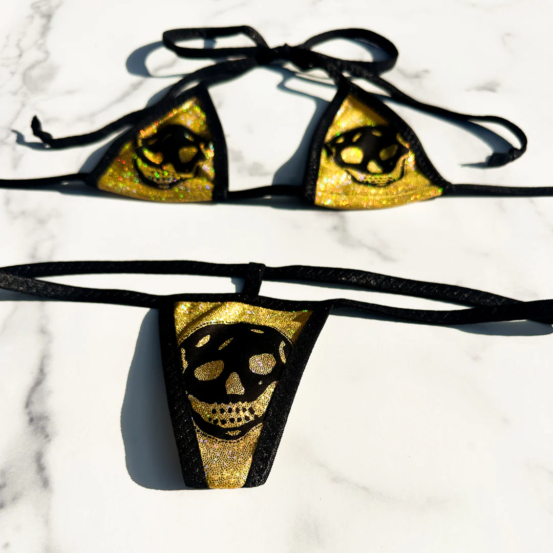 Holographic Gold with Black Skulls - 3 piece scrunch butt set (Thong included) - Image 7