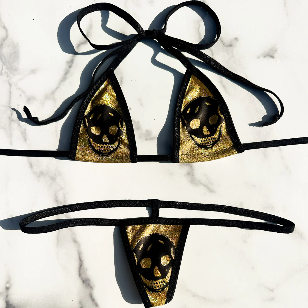 Holographic Gold with Skulls - Black - Micro G-string Set - Image 5