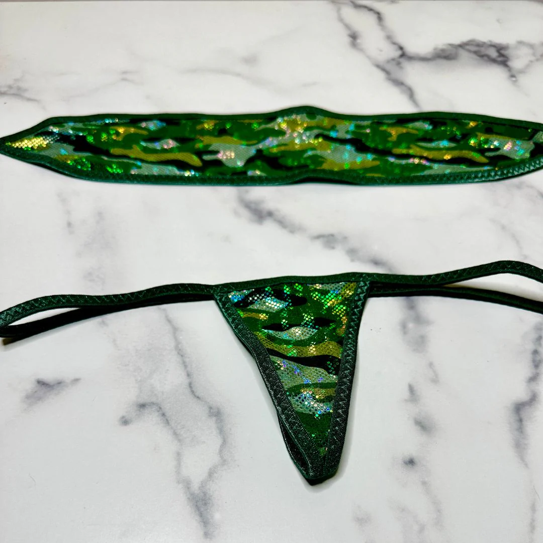 Holographic Green Camouflage - Dark Green - Bandeau with Micro G-string Thong - Image 3