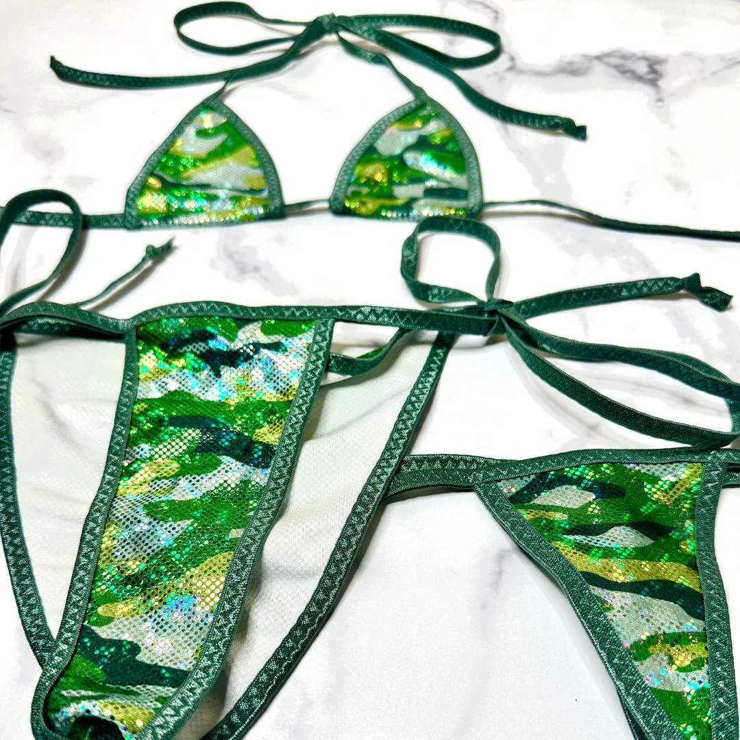 Holographic Green Camouflage - Dark Green - Scrunch Butt Three Piece (Thong Included)