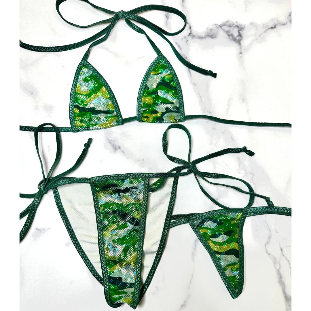 Holographic Green Camouflage - Dark Green - Scrunch Butt Three Piece (Thong Included) - Image 3