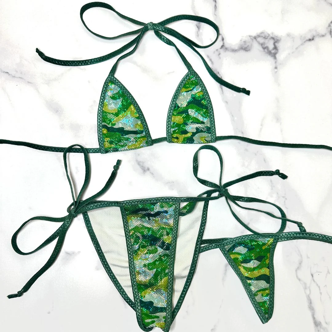 Holographic Green Camouflage - Dark Green - Scrunch Butt Three Piece (Thong Included) - Image 4