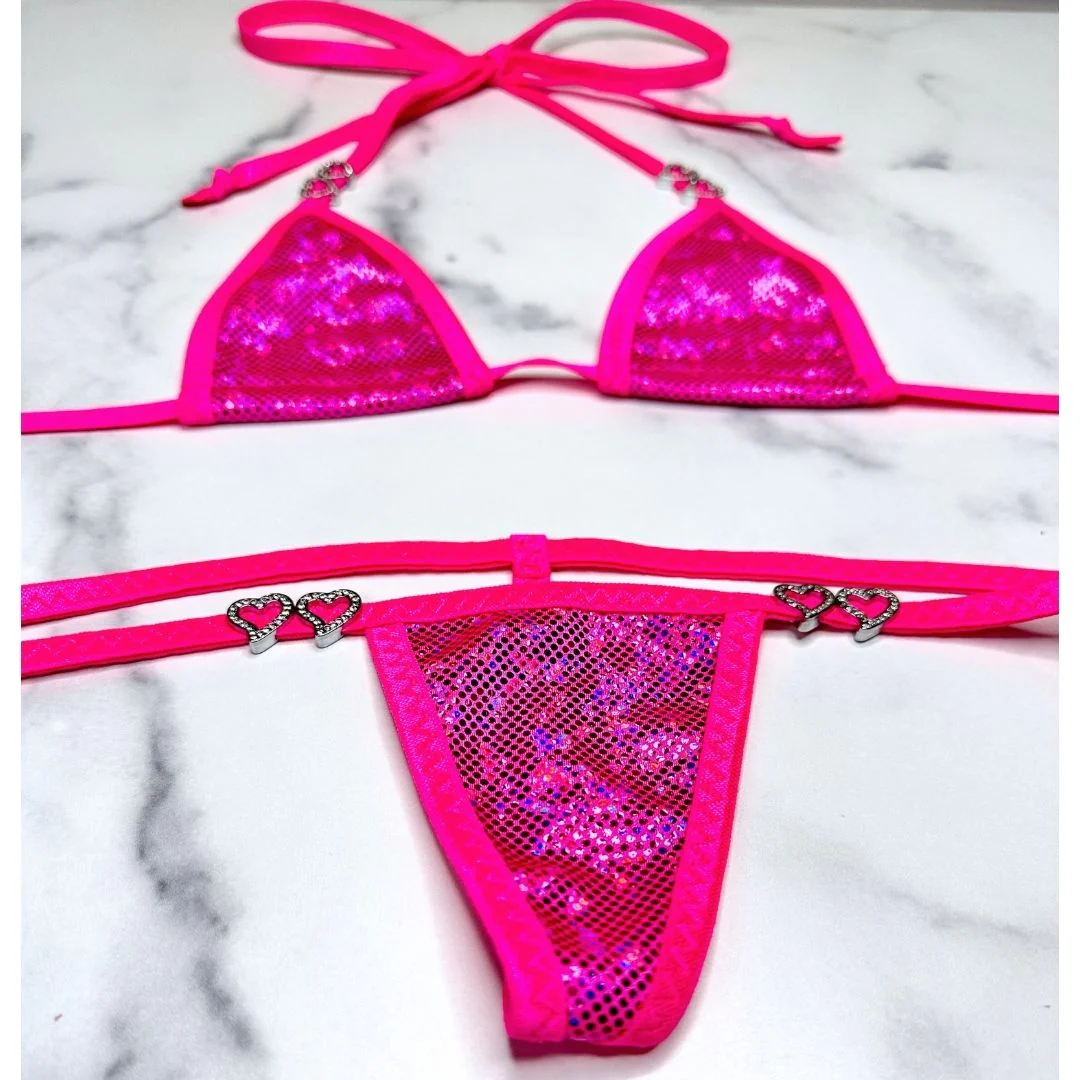 Holographic Neon Pink Micro G-String Set with Small Open Heart Rhinestones