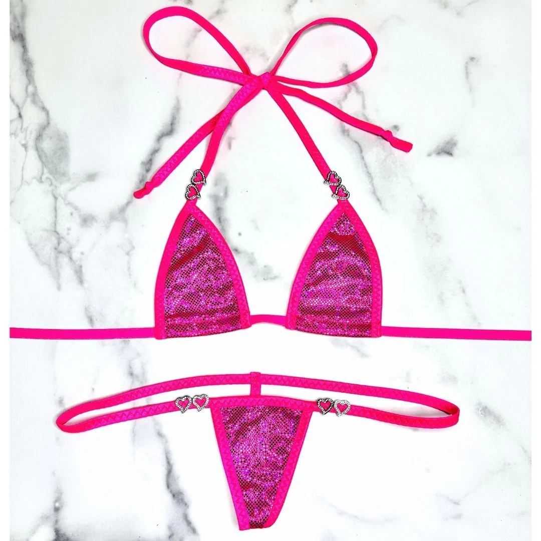 Holographic Neon Pink Micro G-String Set with Small Open Heart Rhinestones - Image 2