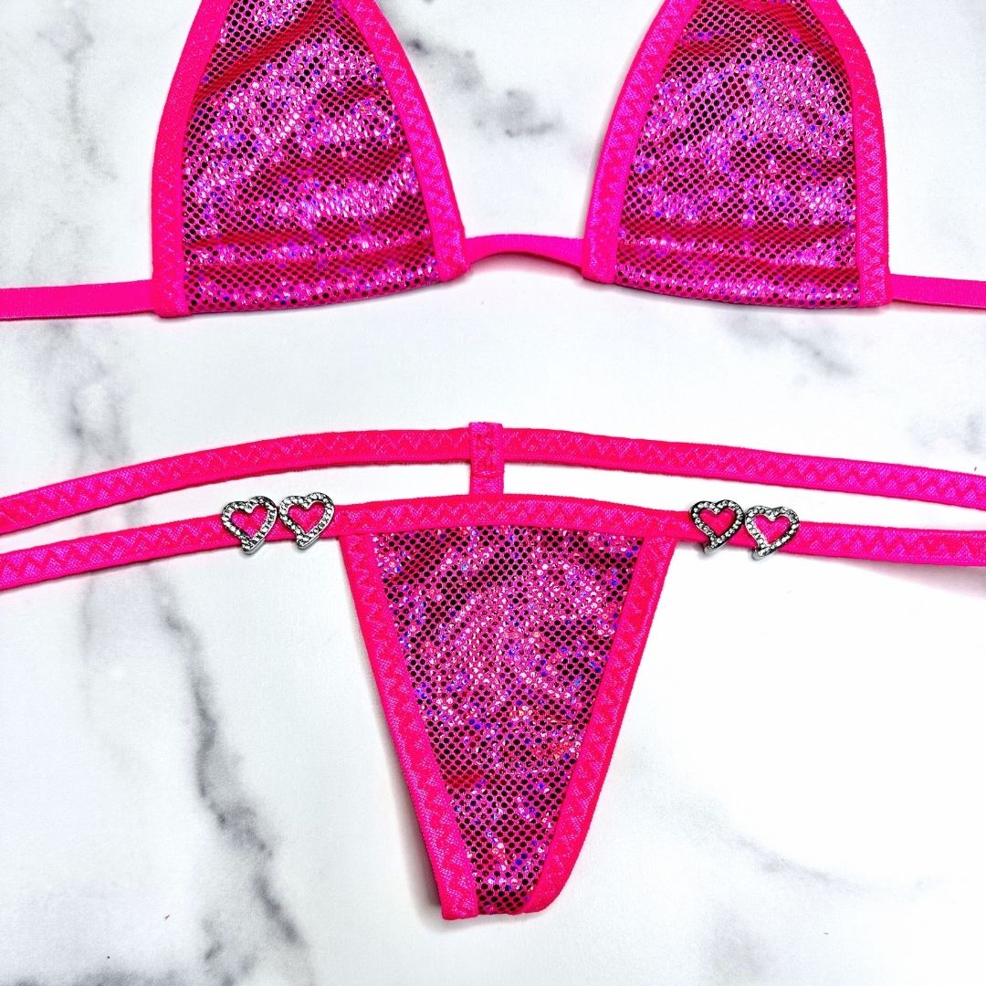Holographic Neon Pink Micro G-String Set with Small Open Heart Rhinestones - Image 3