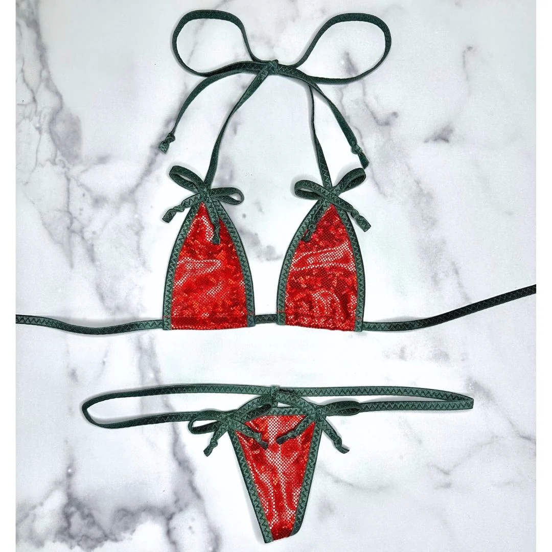Holographic Red with Dark Green Christmas Bows Micro G-string Set - Image 3