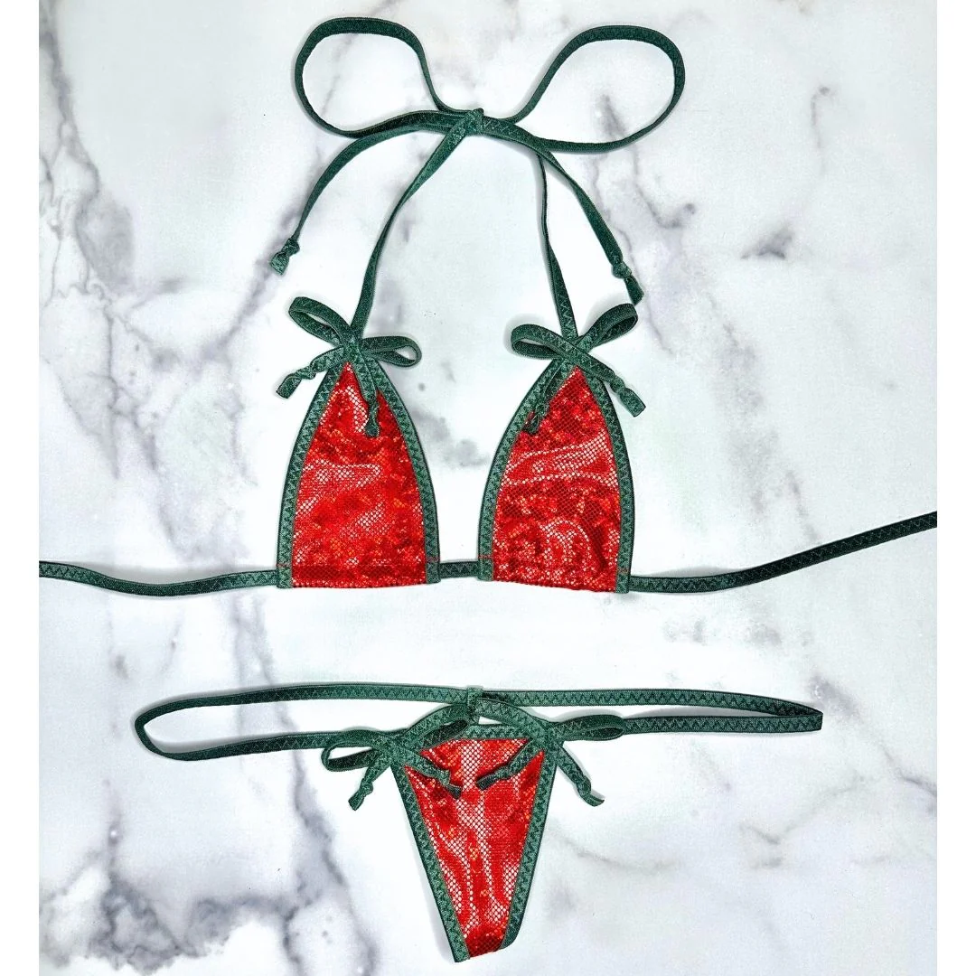 Holographic Red with Dark Green Christmas Bows Micro G-string Set - Image 4