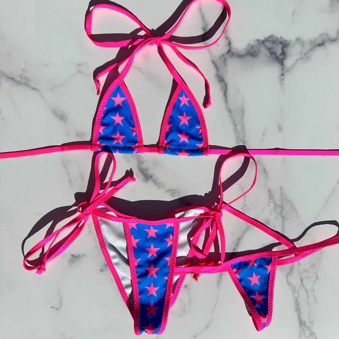 Light Blue with Neon Pink Stars - Neon Pink - 3 piece scrunch butt set (Thong included) - Image 4