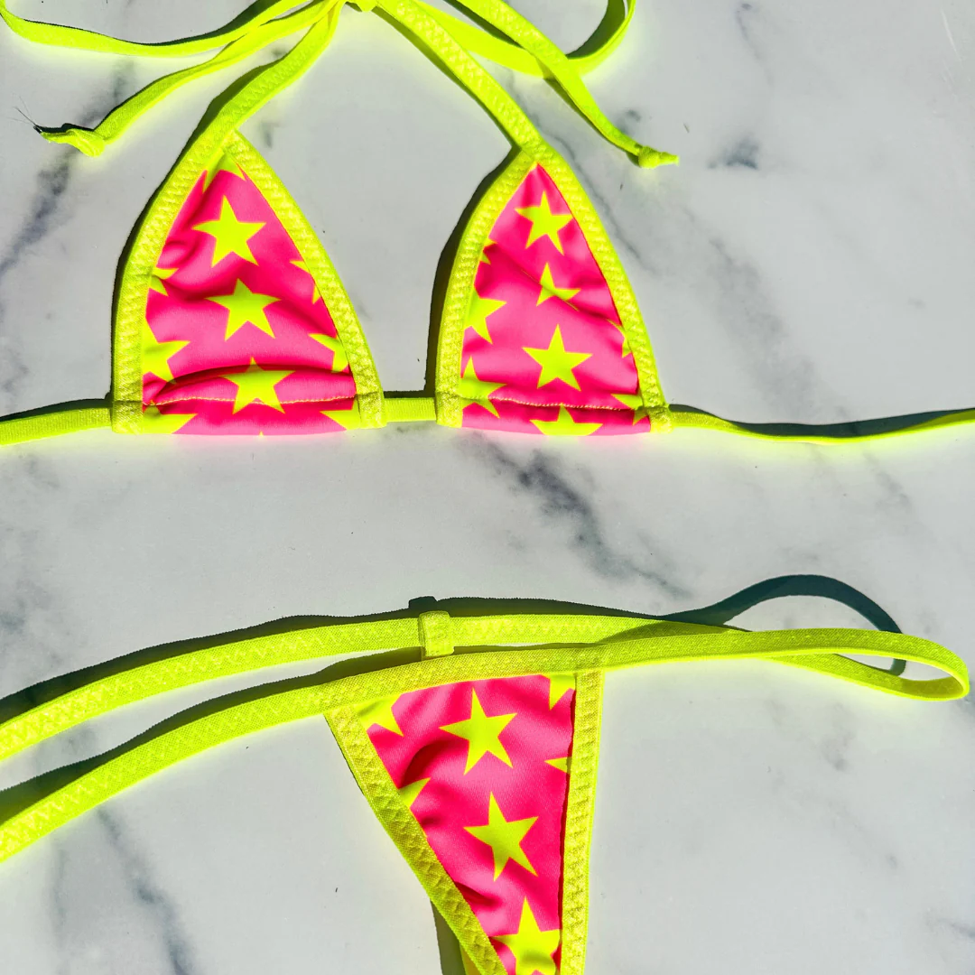 Micro G-String - Neon Pink with Neon Yellow Stars - Neon Yellow String - Image 6