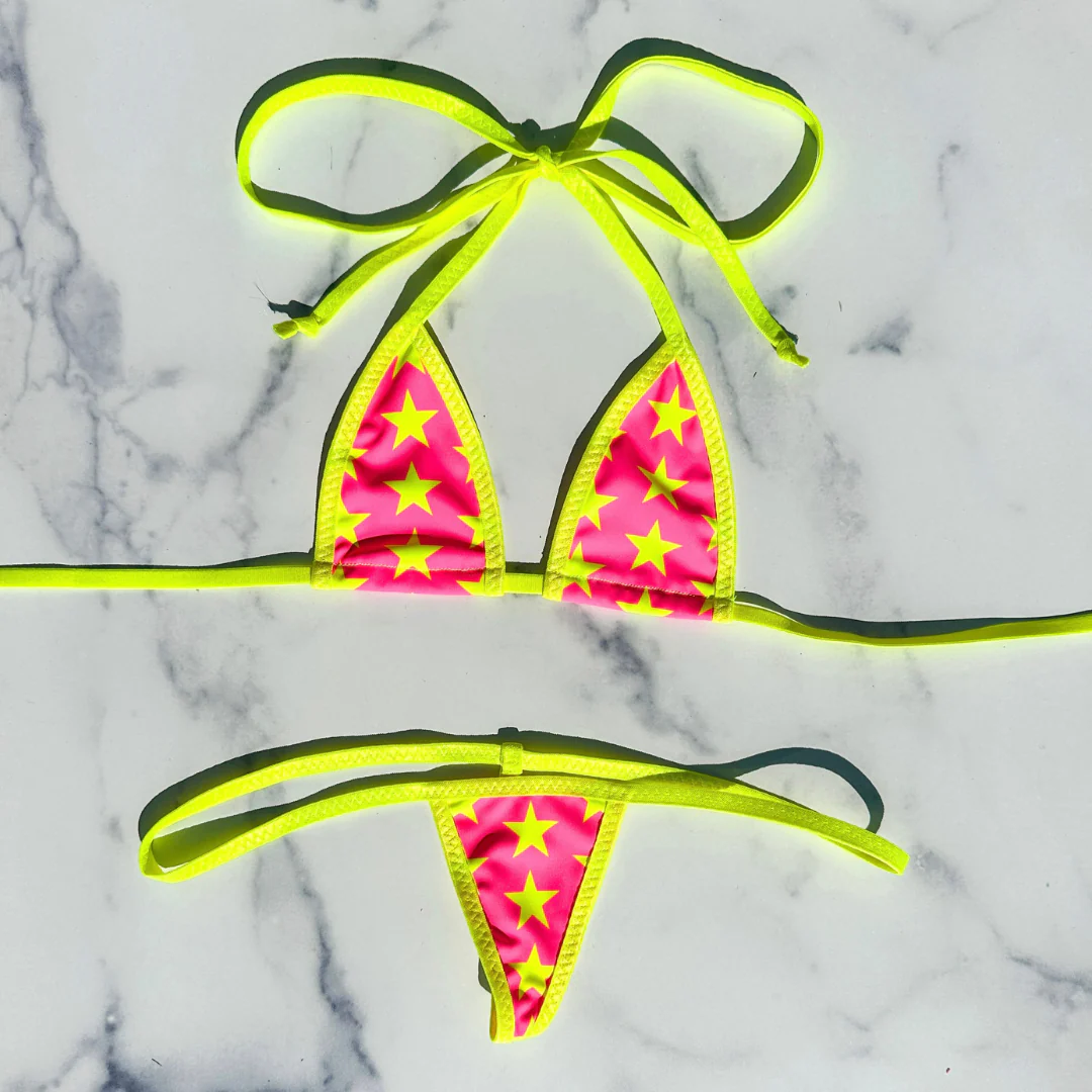 Micro G-String - Neon Pink with Neon Yellow Stars - Neon Yellow String - Image 7