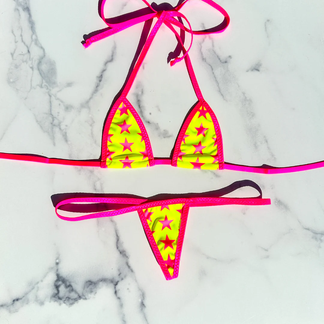 Micro G-String - Neon Yellow with Neon Pink Stars - Neon Pink String - Image 5