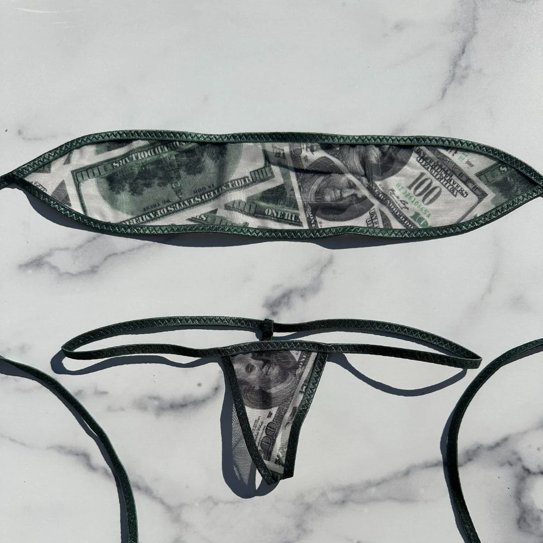 Money Mesh Completely See Through - Dark Green - Bandeau with Micro G-string Thong - Image 5