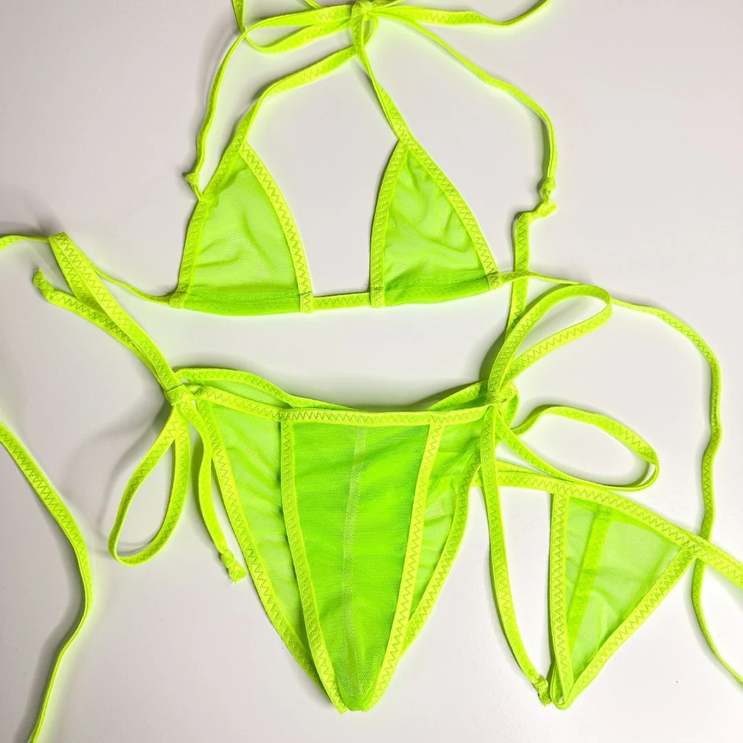 Neon Green Mesh Completely See Through - Neon Green - Scrunch Butt Three Piece (Thong Included)