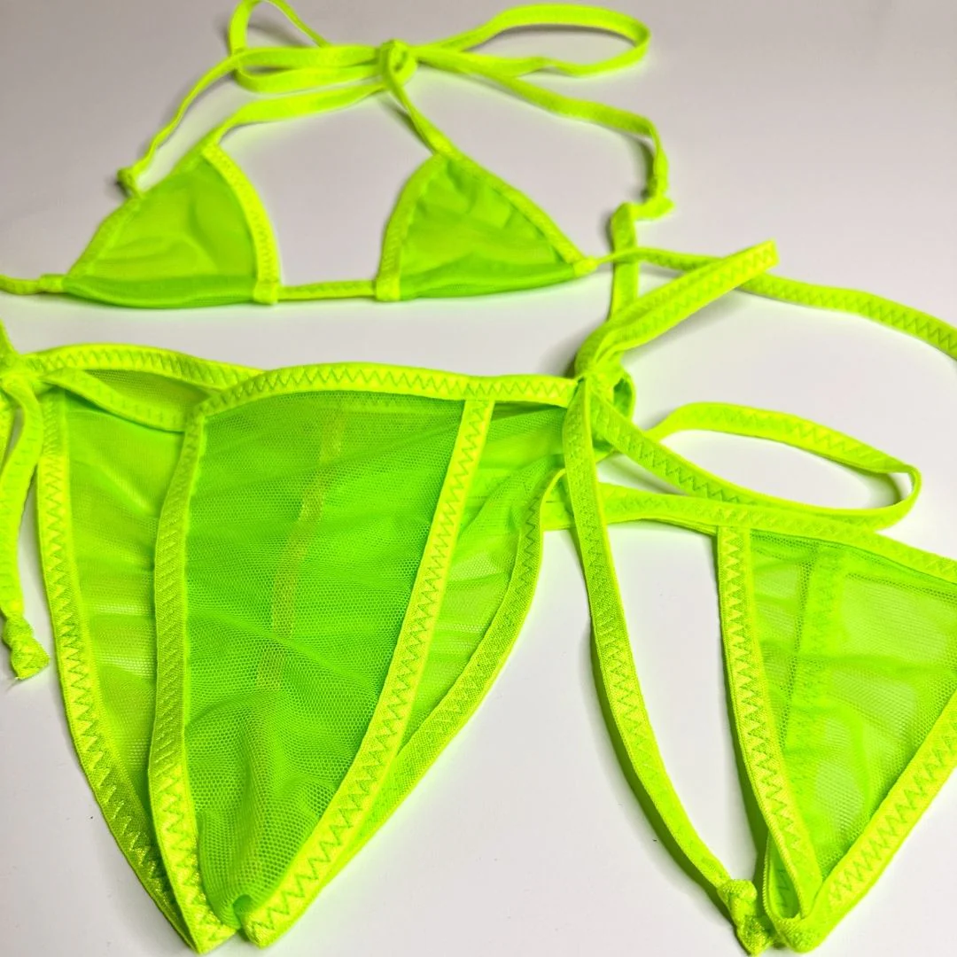 Neon Green Mesh Completely See Through - Neon Green - Scrunch Butt Three Piece (Thong Included) - Image 2