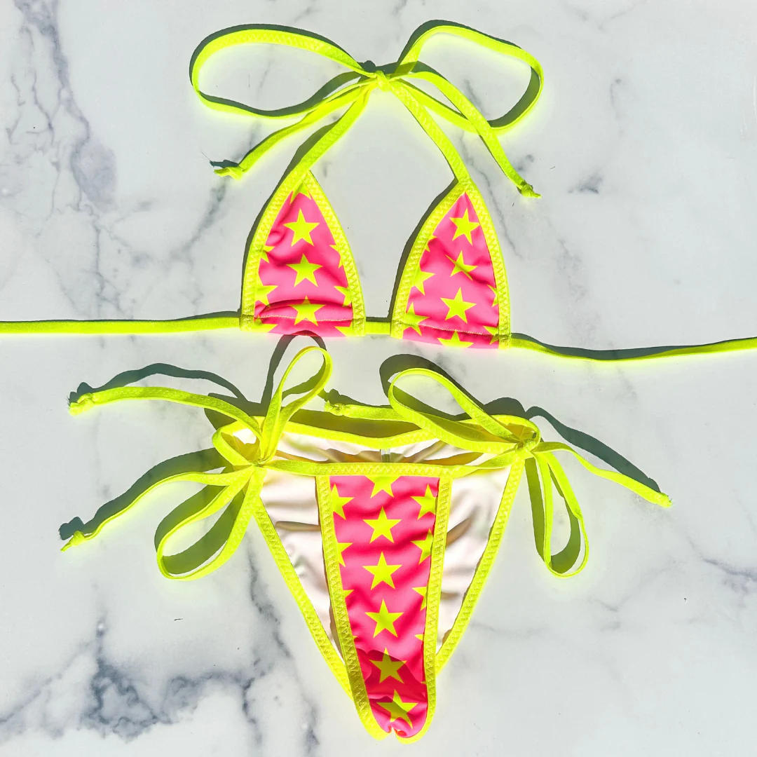 Neon Pink with Neon Yellow Stars - Neon Yellow - 3 piece scrunch butt set (Thong included) - Image 3