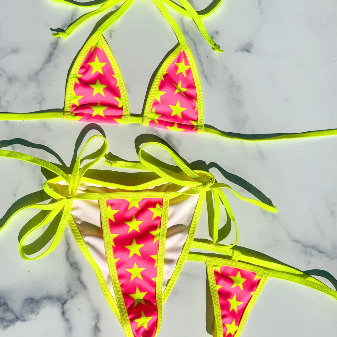 Neon Pink with Neon Yellow Stars - Neon Yellow - 3 piece scrunch butt set (Thong included) - Image 4