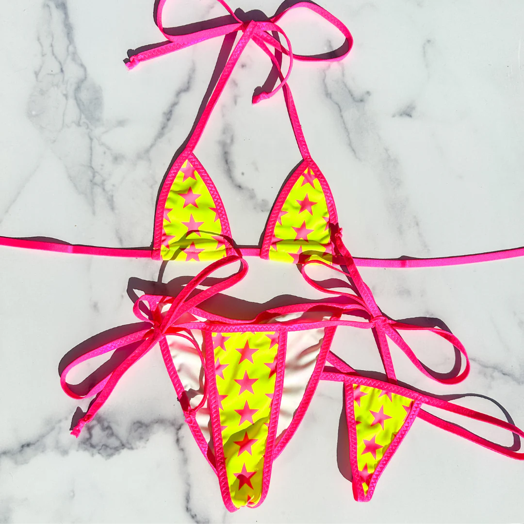 Neon Yellow with Neon Pink Stars - Neon Pink - 3 piece scrunch butt set (Thong included) - Image 3