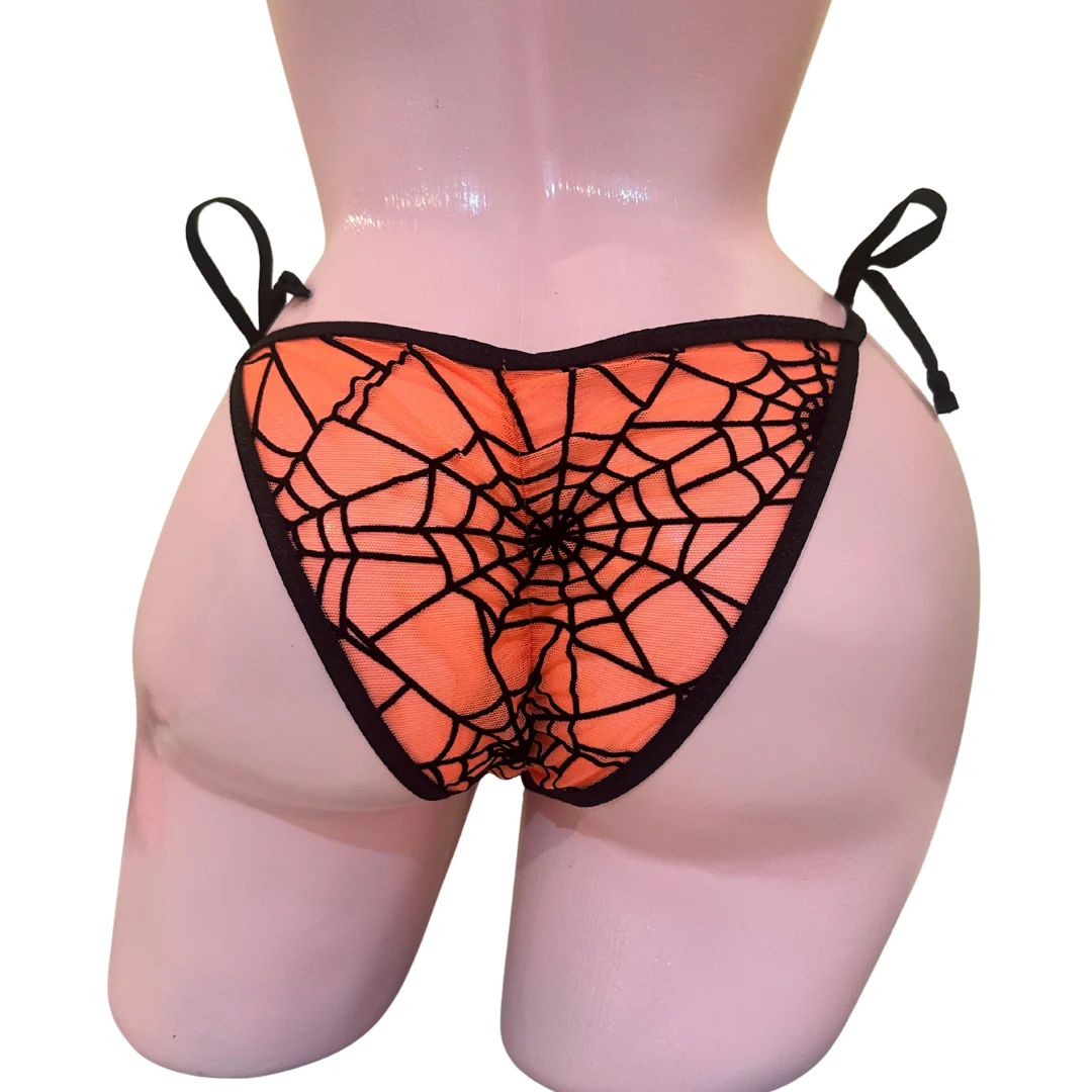 Orange Mesh Black Spider Web - Black - 3 piece scrunch butt set (Thong included) - Image 3