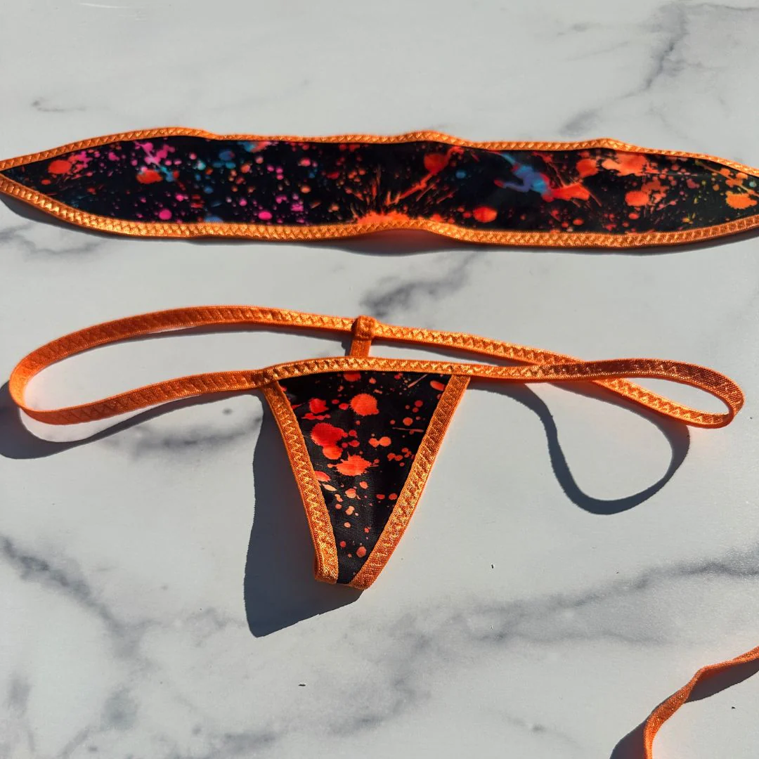 Paint Splatter GLOW IN BLACK LIGHT - Orange - Bandeau with Micro G-string Thong - Image 3