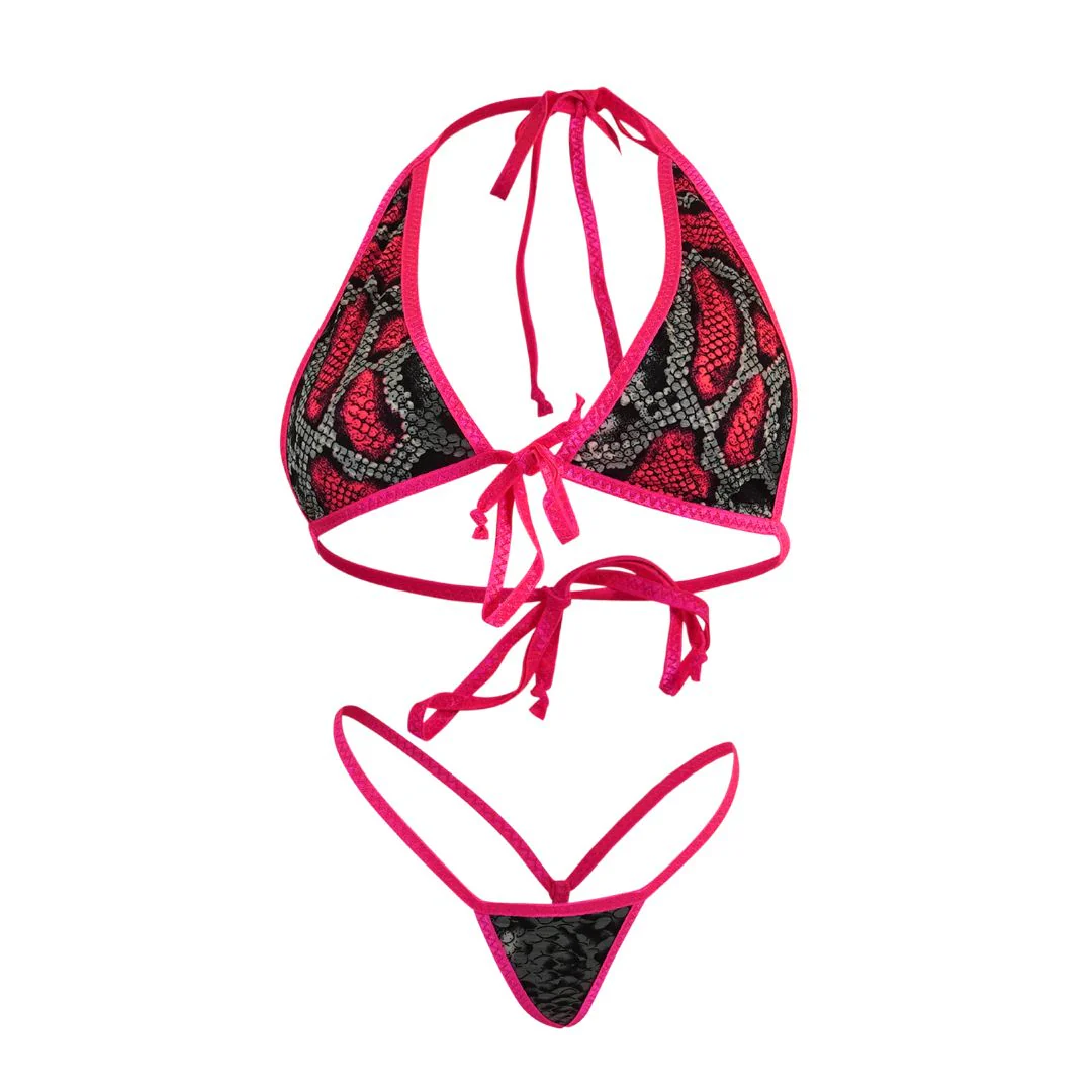 Pink and Grey Snakeskin - Neon Pink - Tie Top and Micro G-string Bikini GLOW IN BLACK LIGHT - Image 4