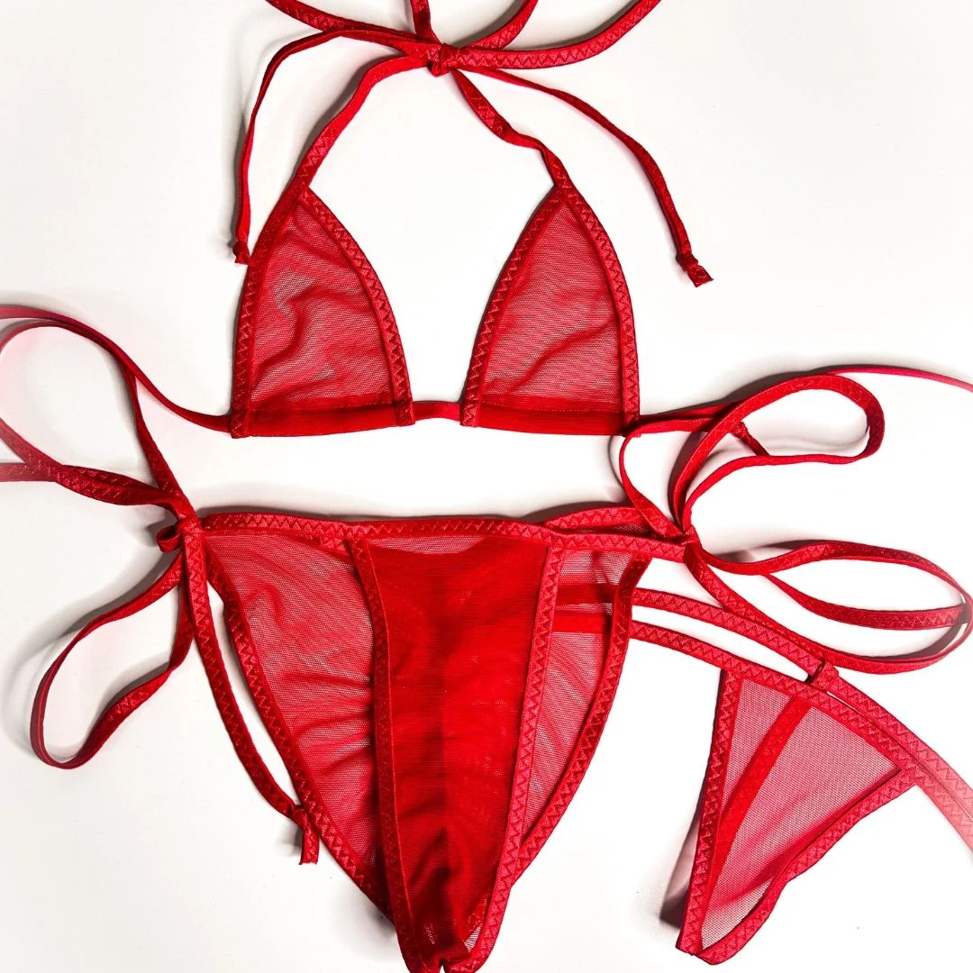 Red Mesh Completely See Through - Red - Scrunch Butt Three Piece (Thong Included) - Image 4