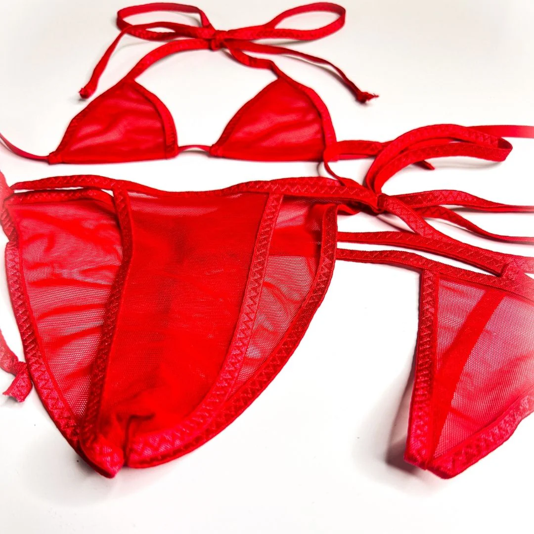 Red Mesh Completely See Through - Red - Scrunch Butt Three Piece (Thong Included) - Image 5