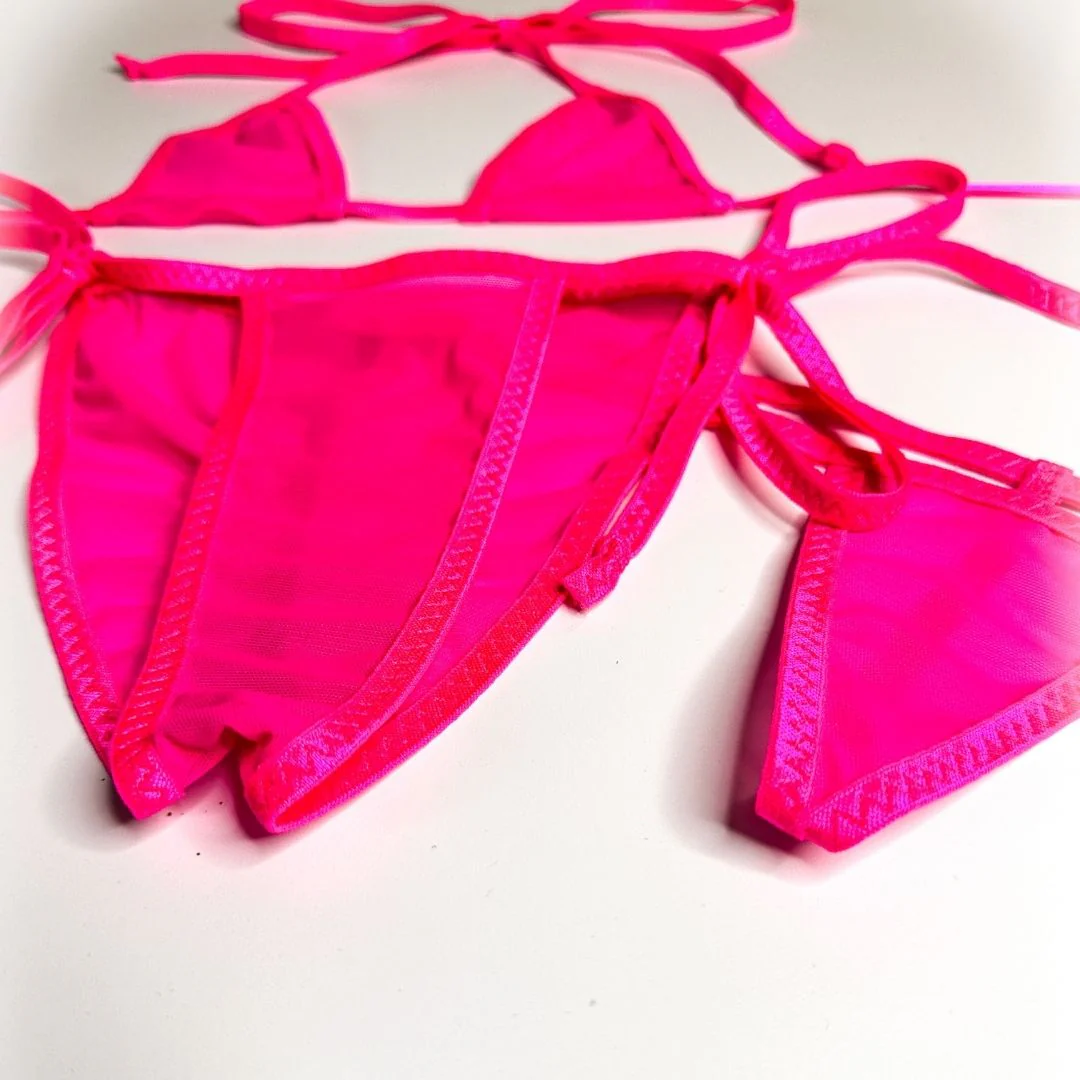Solid Neon Pink Mesh - Scrunch Butt Three Piece Set (Thong Included) - Completely See-Through - Image 3